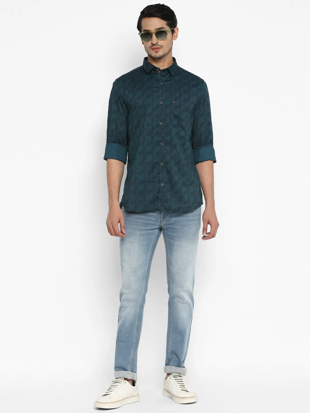 Cotton Dark Green Printed Slim Fit Casual Shirt