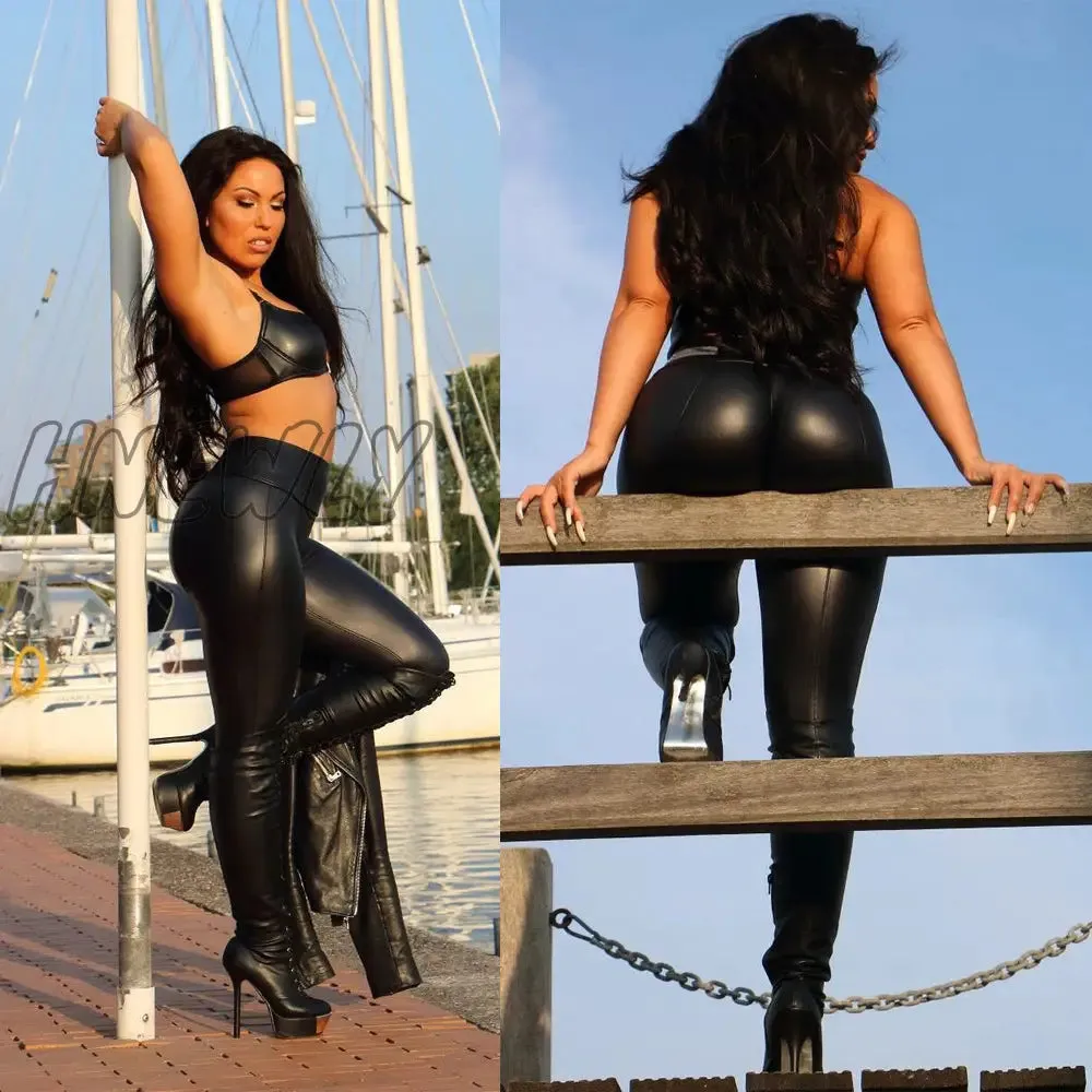 Hnewly Women Stretch Pants Sweatpants Wet Look Butt Lift Pants Leather PV Skinny Leggings Stretch Trousers Ropa Mujer
