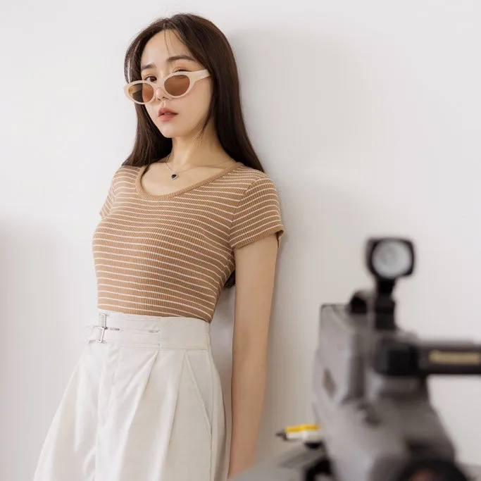 Korean Basic Solid Ribbed Knit Stripe Fitted T-Shirt Top