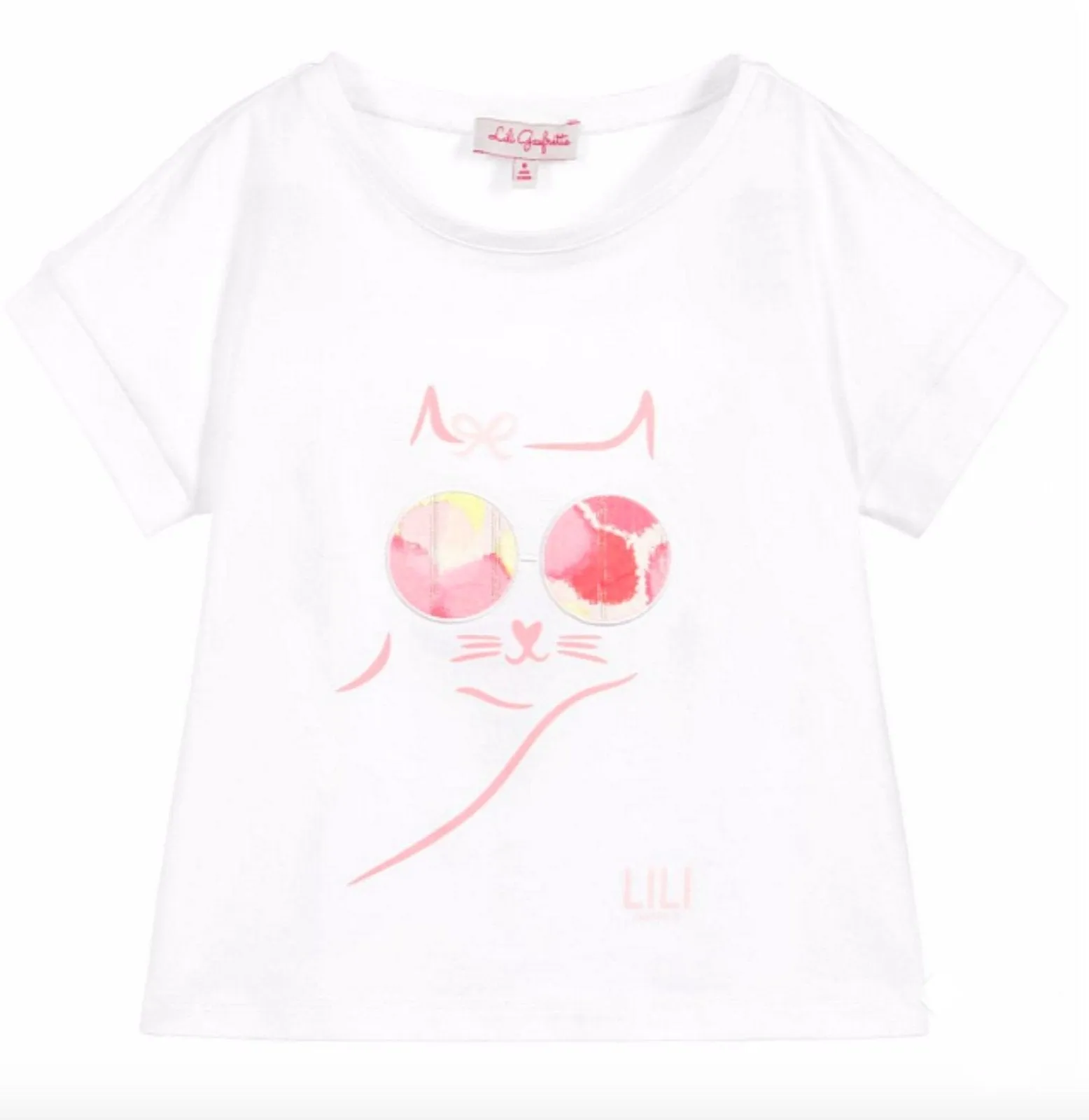 Lili Gaufrette Girls White and Pink Cat Shirt