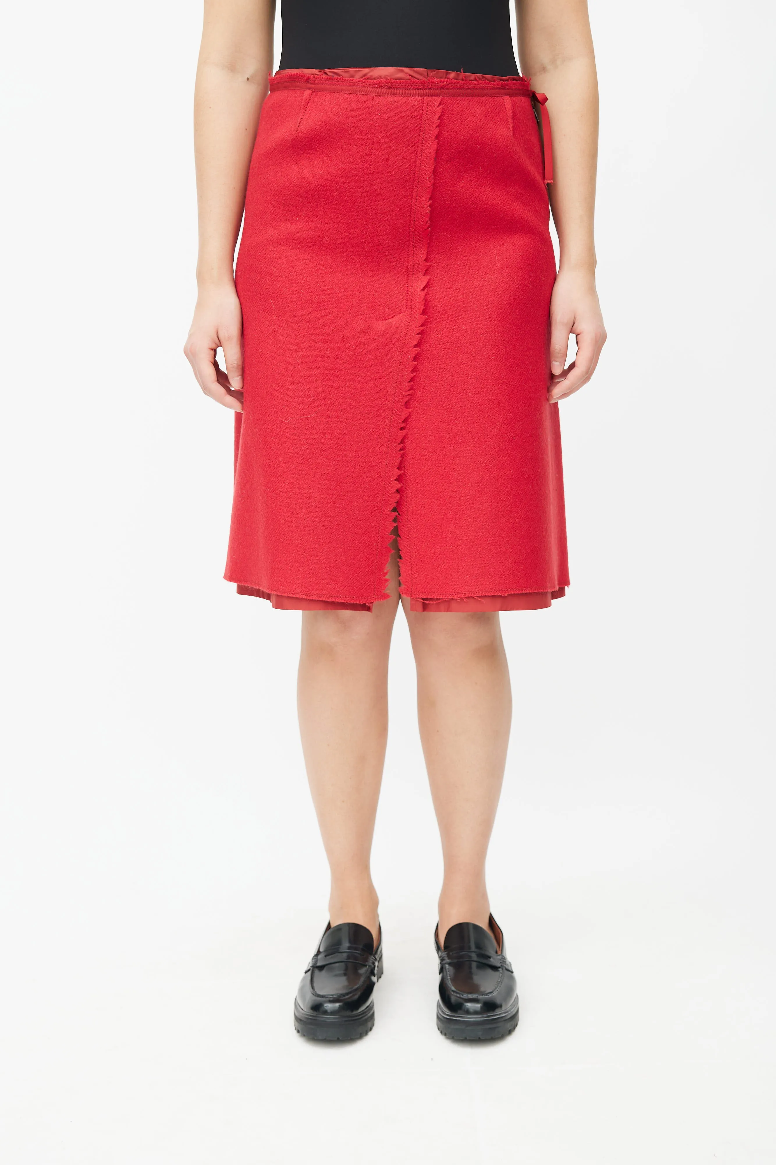 Red Wool A-Line Midi Skirt